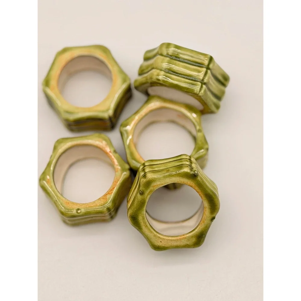 Vintage Green Faux Bamboo Ceramic Napkin Rings Set  5 Hexagon Chinoiserie Glazed